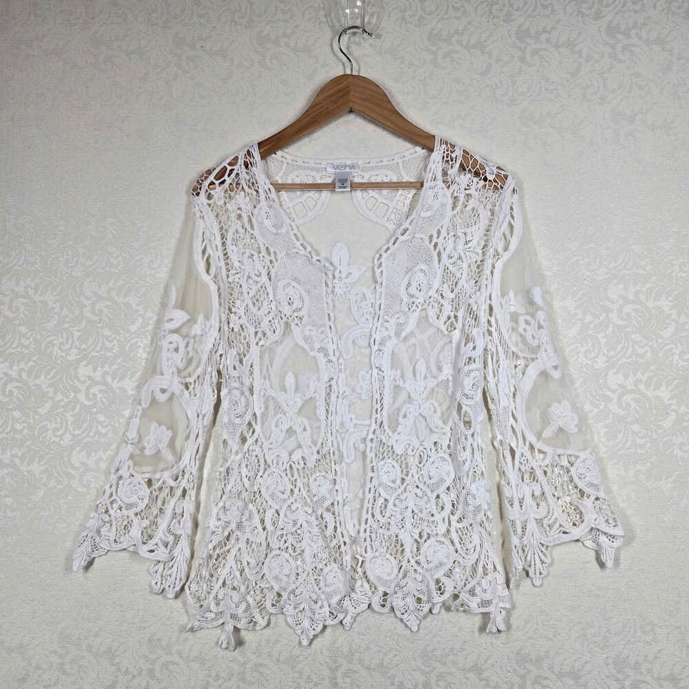 Romantic Lace Cardigan S/M Ivory Sheer Embroidered Boho Ethereal Bell Sleeves